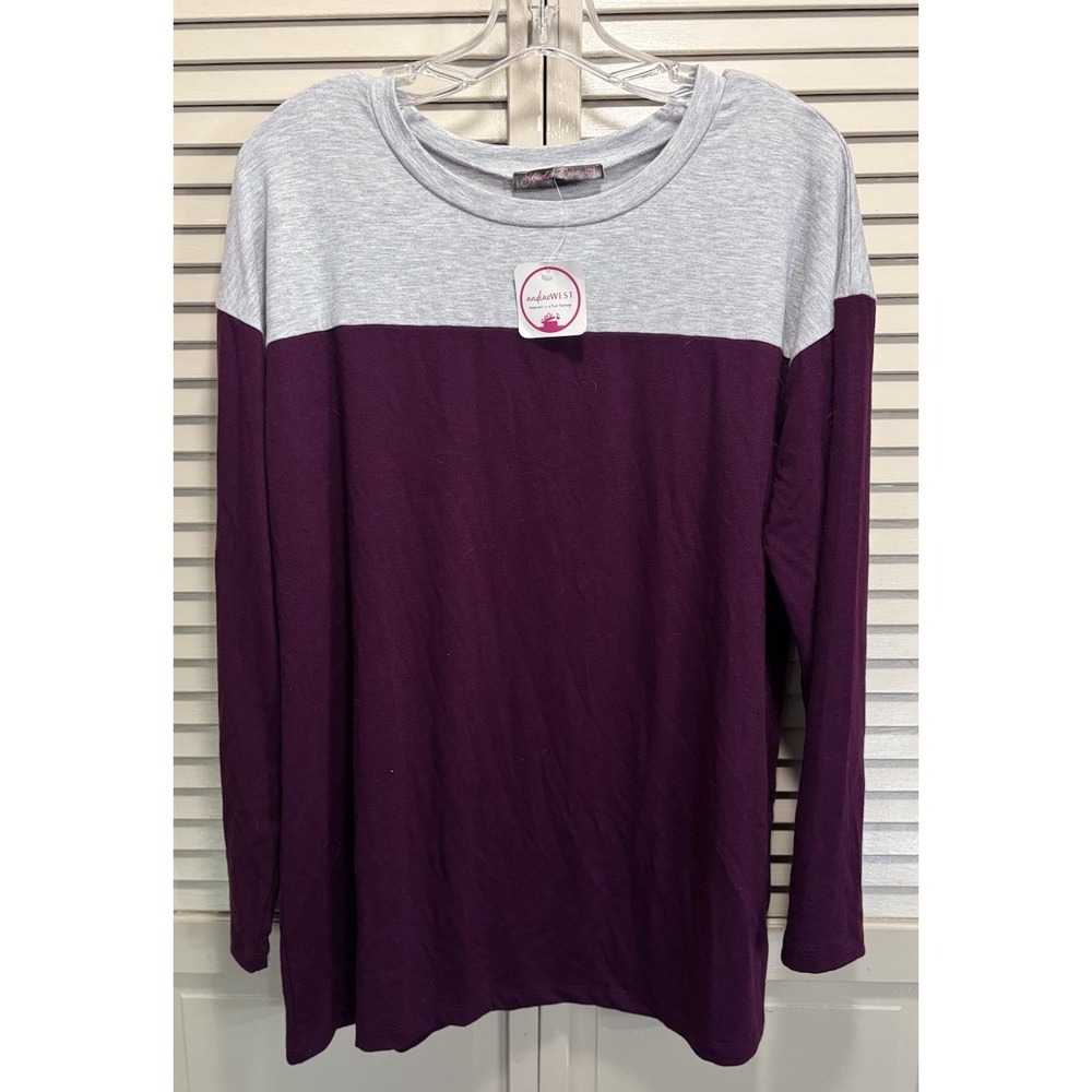 Sheila Rose Long Sleeve Size XL Round Neck Plum/Gray Colorblock Top NWT Soft